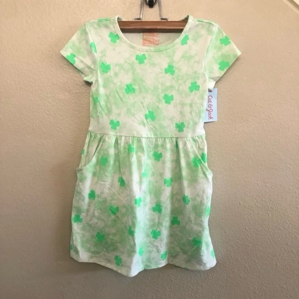 Cat & Jack Girls Green Shamrock Short  Sleeves Pocket Babydoll Style Dress Sz L